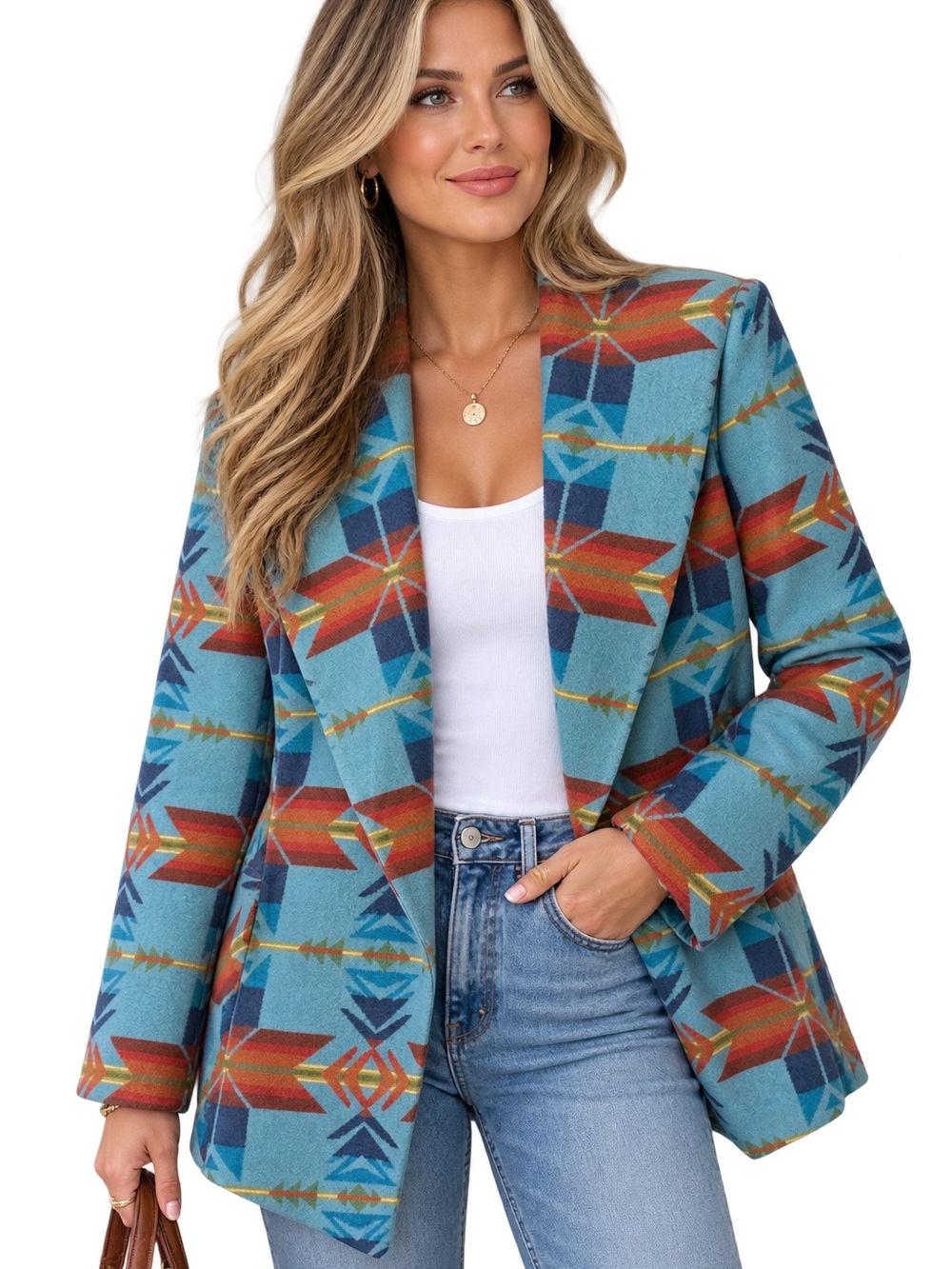 Pendleton Vintage Turquoise Aztec Open Blazer Jacket size S 100% virgin wool